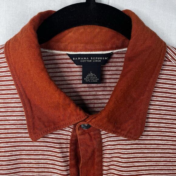 Banana Republic Cotton Linen SS Polo Men Sz L Burnt Orange Stripped Summer - Picture 4 of 11